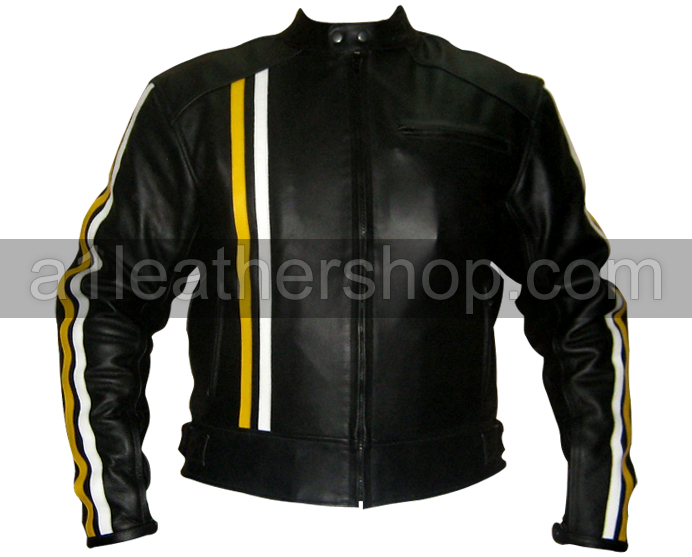 Black Motorcycle Leather Jacket with yellow white stripes