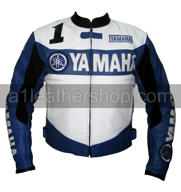 Yamaha 1 rocket motorcycle racing leather jacket blue and white color