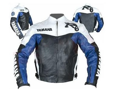 Yamaha R6 motorcycle leather jacket black blue white color