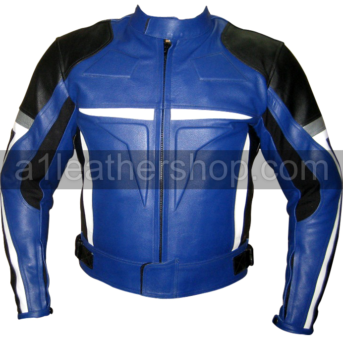 black blue motorcycle jacket with white and silver patches