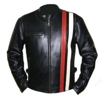 Black soft aniline leather jacket with red and white strip