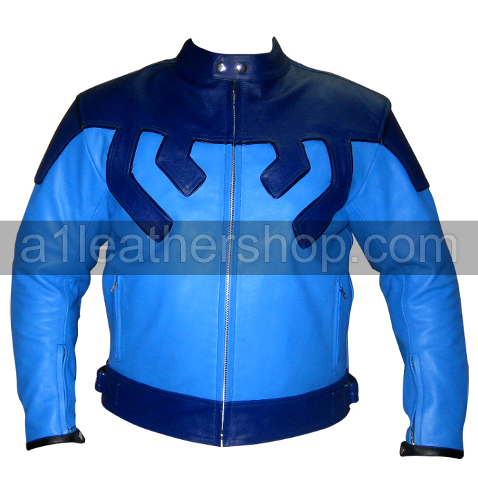 blue color riding motorcycle leather jacket