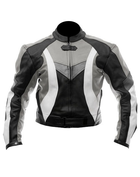 fashion motorcycle leather jacket in black grey white color