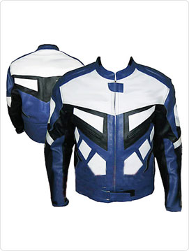 motorcycle racing leather jacket in black white and blue color