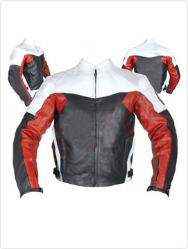 motorcycle racing leather jacket in black white and red color