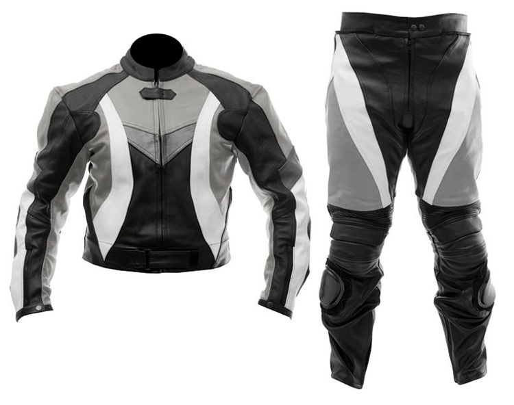 two piece motorcycle biker leather suit black grey color
