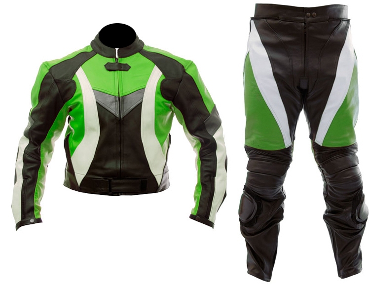 two piece motorcycle biker leather suit green black color