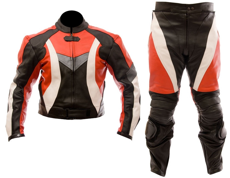 two piece motorcycle biker leather suit red black white color
