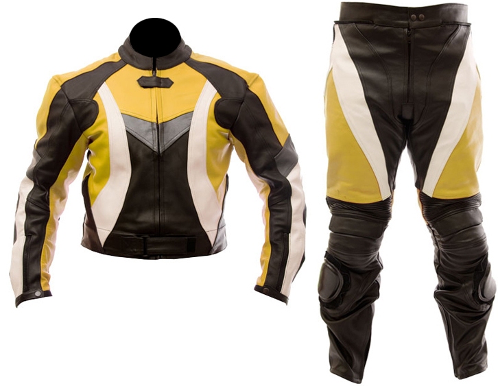 two piece motorcycle biker leather suit yellow black white color