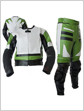 two piece motorcycle leather suit in black green white